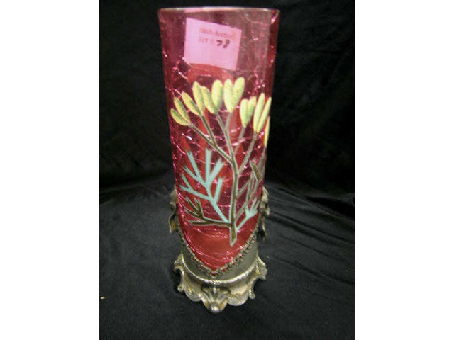 Appraisal: Victorian Enameled Cranberry Art Glass Vase silverplate base