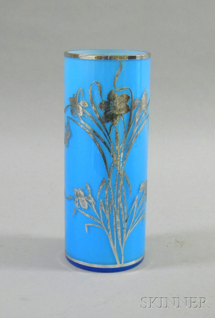 Appraisal: Sterling Silver Overlay Blue Cased Cylindrical Glass Vase ht dia