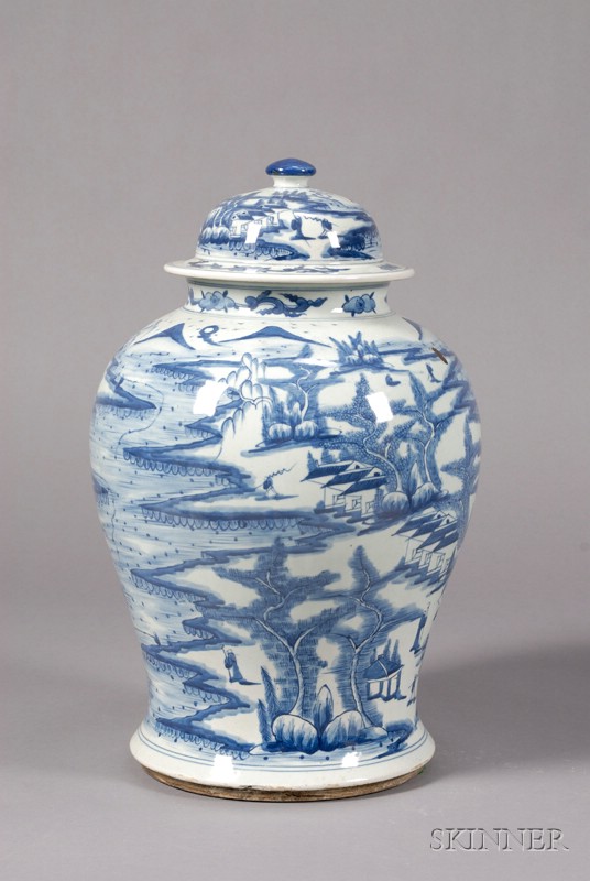 Appraisal: Covered Jar China th century baluster form underglaze blue decoration