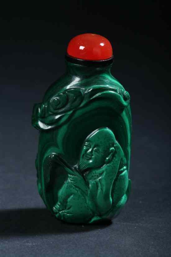 Appraisal: CHINESE MALACHITE SNUFF BOTTLE Figural decoration