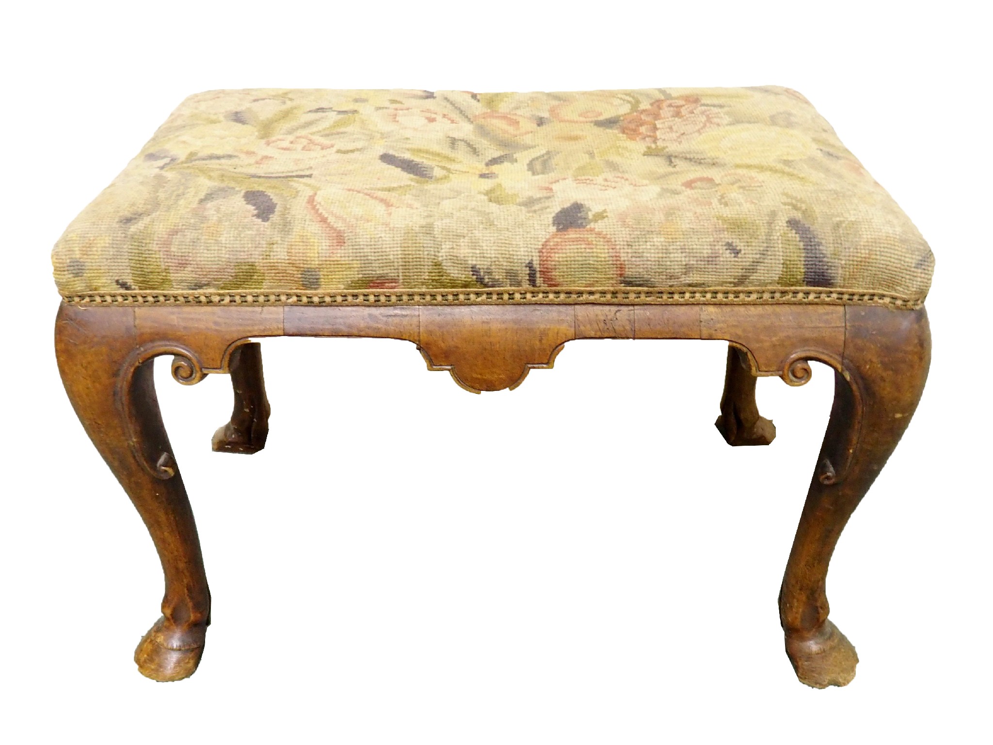 Appraisal: A Georgian style walnut framed stoolwith floral embroidered seat shaped