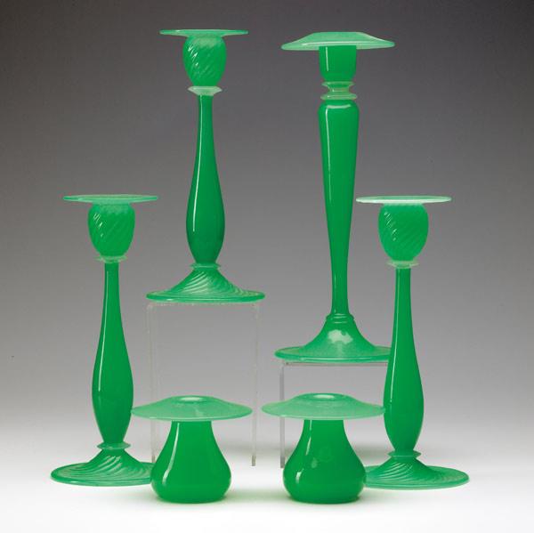 Appraisal: STEUBEN Six jade glass candlestick holders Unmarked Tallest