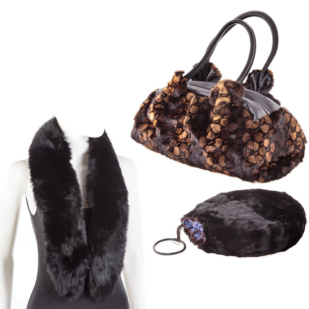 Appraisal: Three Fur Accessories Including a mink purse black fox scarf