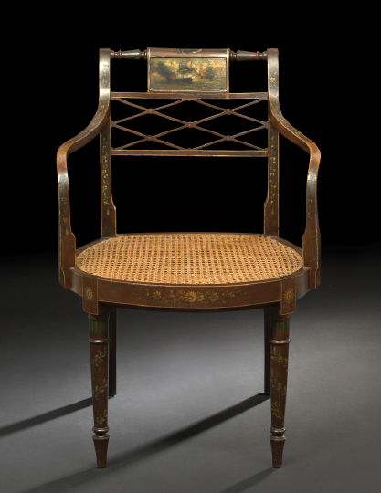 Appraisal: Unusual Edwardian Polychromed and Mahogany Armchair ca in the Sheraton