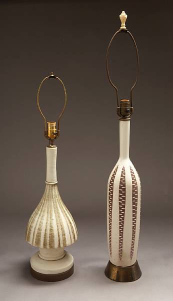 Appraisal: Two pottery bottle form table lamps mid th century The