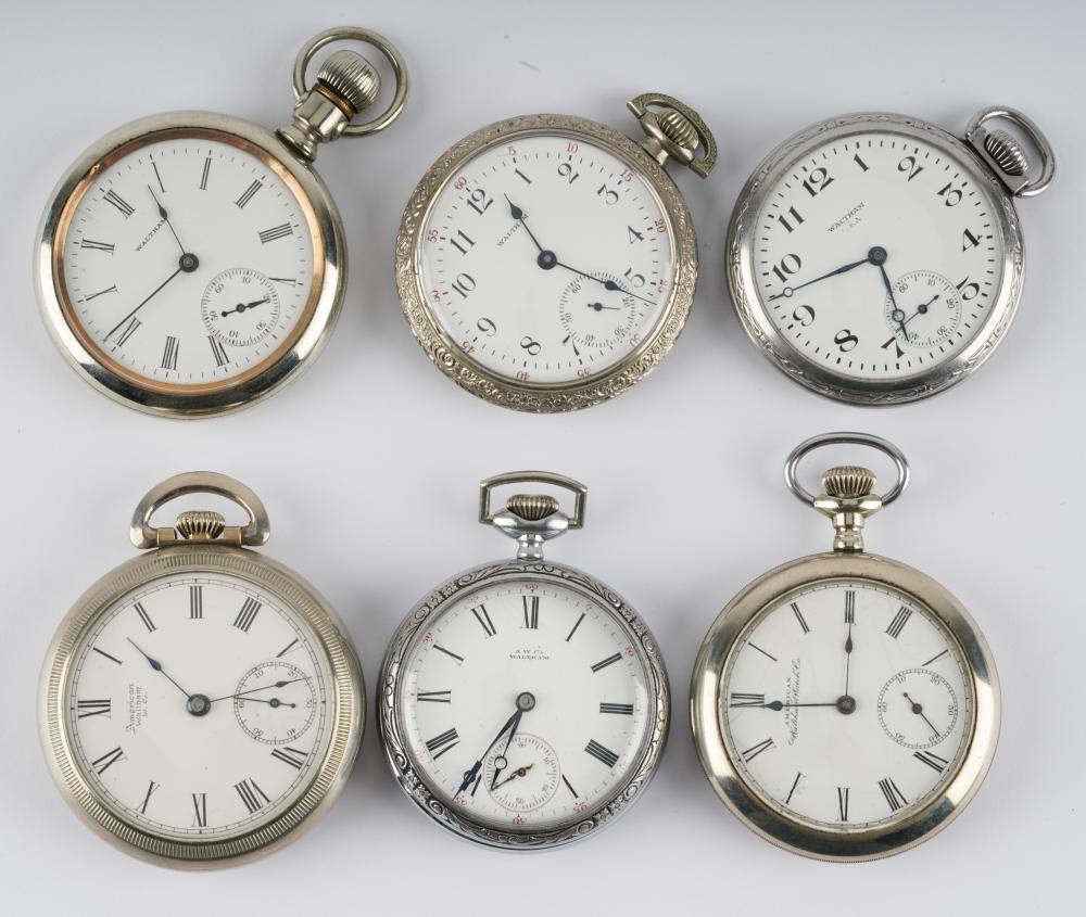 Appraisal: SIX AMERICAN WALTHAM POCKET WATCHES Defiant base metal in good