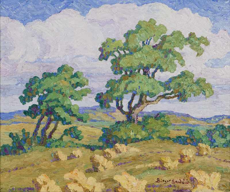 Appraisal: 'Summer Lindsborg Kansas'' Two trees in an atmospheric landscape oil