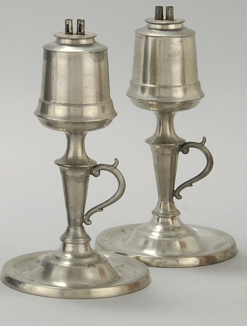 Appraisal: PAIR OF PEWTER WHALE OIL LAMPS th CenturyWith original double