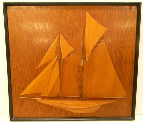 Appraisal: Three dimensional wooden ship relief framed '' h x ''