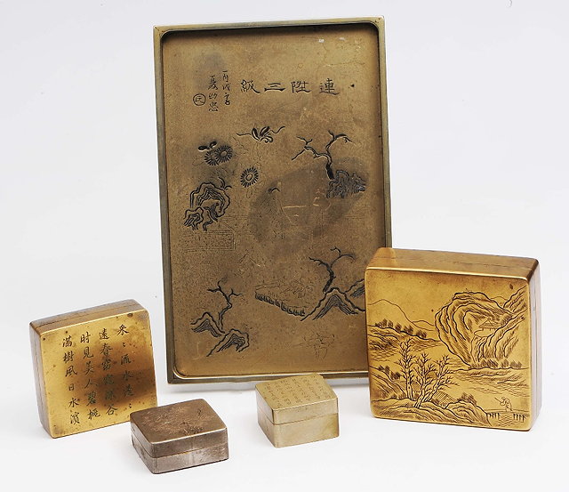 Appraisal: A group of Chinese brass and metal ink boxes th