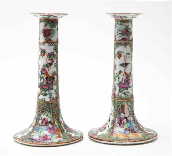 Appraisal: A Pair of Chinese Rose Medallion Candlesticks each having a