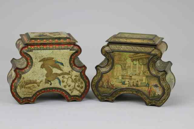 Appraisal: TWO EXOTIC HUNTLEY PALMERS BISCUIT TINS Tinplate detailed lithography Comprising