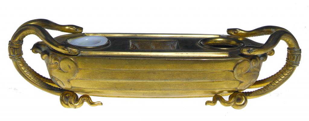 Appraisal: AN EARLY VICTORIAN GILT BRONZE INKSTAND of boat shape with