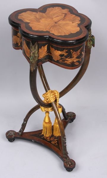 Appraisal: Outstanding C mile GallT sewing stand featuring extensive marquetry inlay