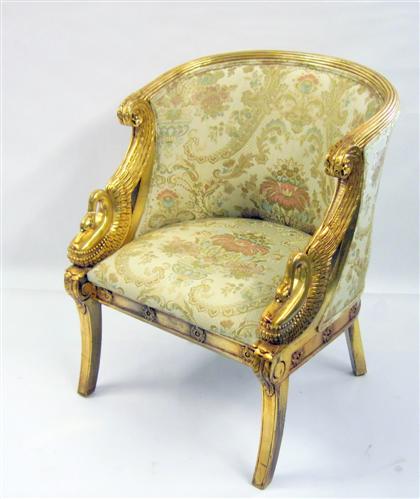 Appraisal: Empire style giltwood gondola chairShaped padded back over swan head