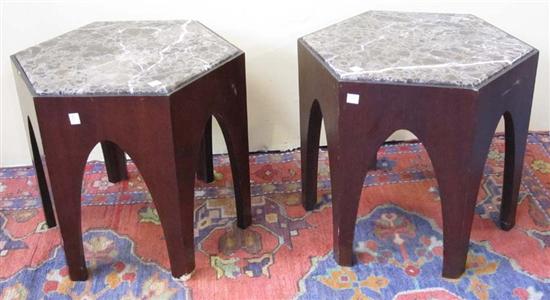 Appraisal: PR LOW TABLES Modern style walnut Pentagonal with brown inset