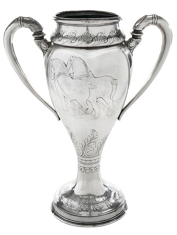 Appraisal: Sterling Horse Trophy American late th century two handle urn