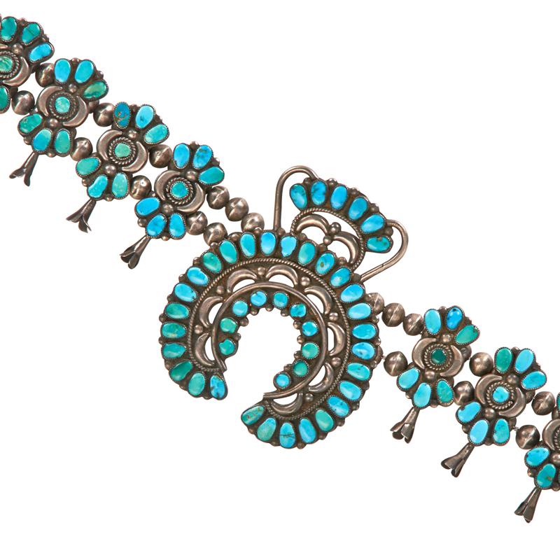 Appraisal: ZUNI SQUASH BLOSSOM NECKLACE Sterling silver with high quality turquoise