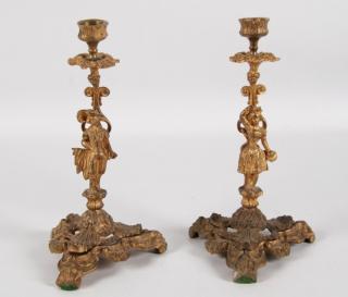 Appraisal: PAIR OF FRENCH GILT BRONZE CANDLESTICKS HAVING MOUNTS OF FESTIVELY