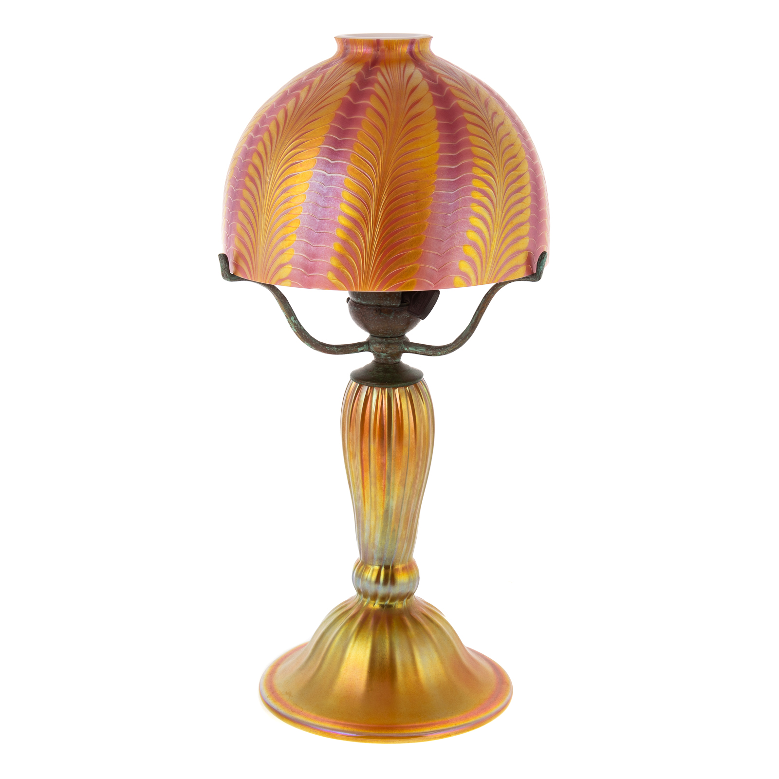 Appraisal: LUNDBERG STUDIOS IRIDESCENT GLASS TABLE LAMP Dated Iridescent orange feather