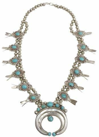 Appraisal: Native American silver content unknown and turquoise squash blossom necklace