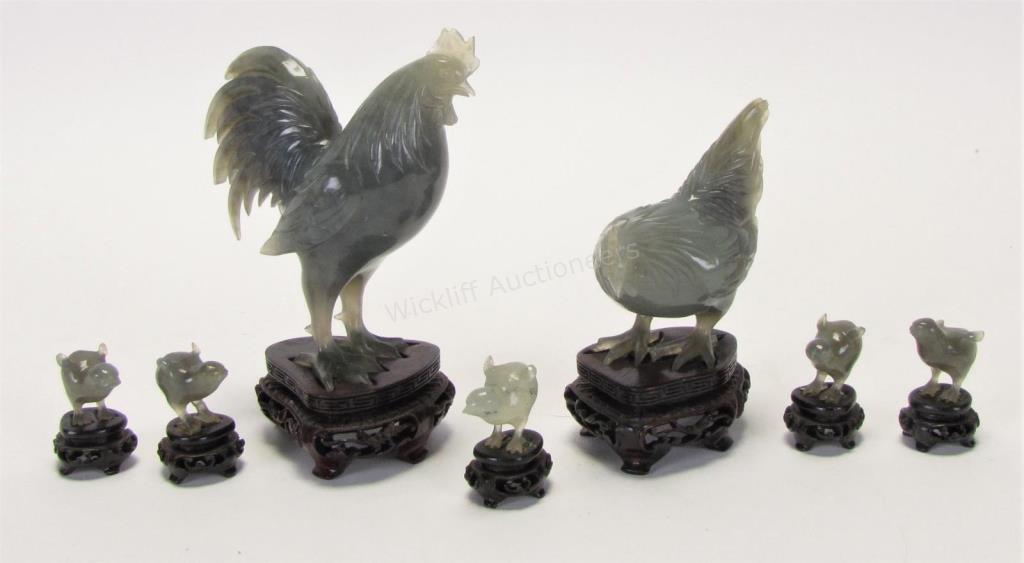 Appraisal: Group of Jade Roosters and Chicks seven blue and grey