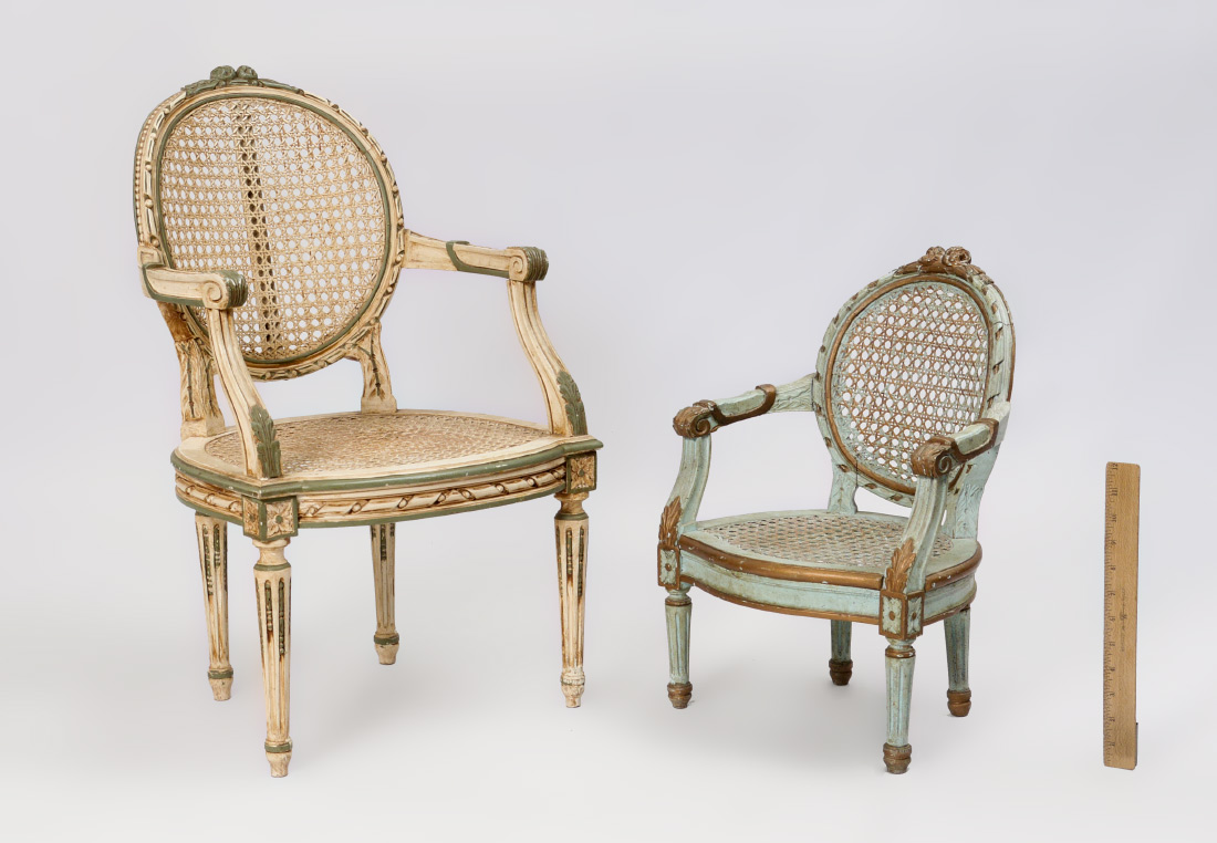 Appraisal: FRENCH FRENCH LOUIS XVI CHILDREN'S CHAIRS Each painted decorated and