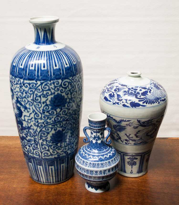 Appraisal: THREE CHINESE BLUE AND WHITE VASES the largest having high