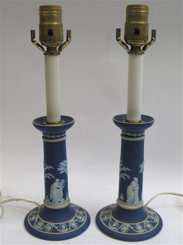 Appraisal: PAIR ENGLISH WEDGWOOD JASPERWARE TABLE LAMPS decorated with classical figures