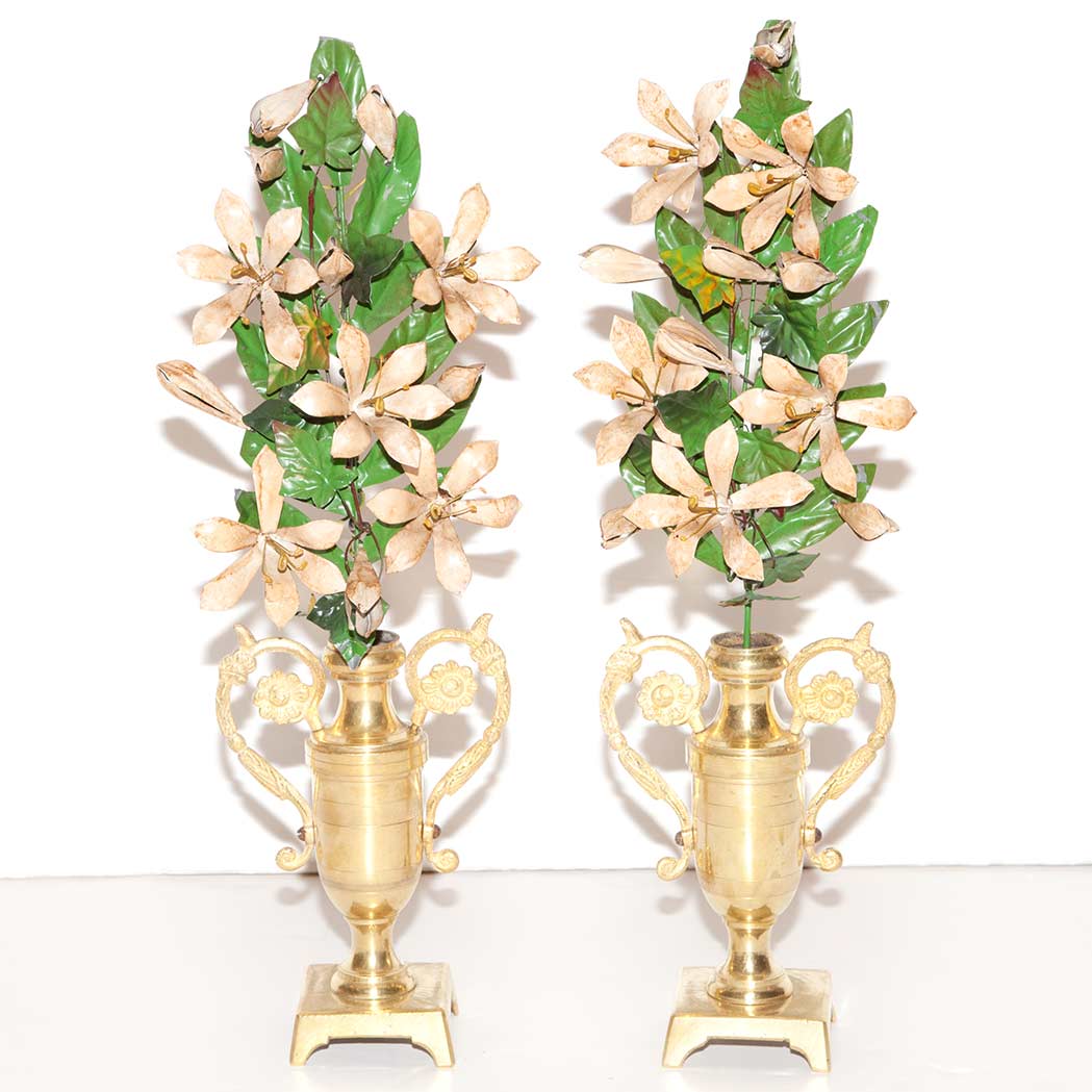 Appraisal: Pr French Style Gilt-Bronze Urns with Tole Flowers h