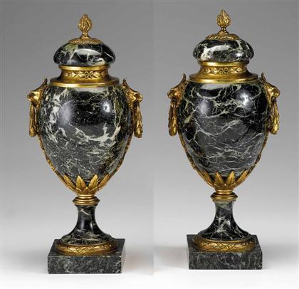 Appraisal: Pair of French gilt bronze mounted Verde Antico marble urns