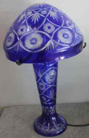 Appraisal: Cobalt Cut to Clear Glass Mushroom Lamp From a Larchmont