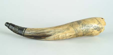 Appraisal: REPRODUCTION ENGRAVED POWDER HORN Nicely carved horn has scrimshaw engraving