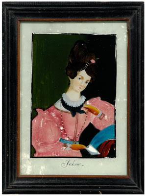 Appraisal: Reverse-painted portrait quot Sahra quot highly coiffed woman with pink