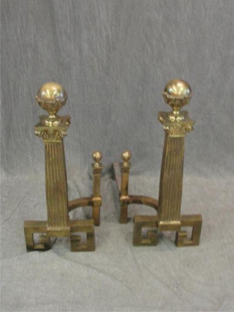 Appraisal: Pair of Large Brass Column Form Andirons with Ball Tops