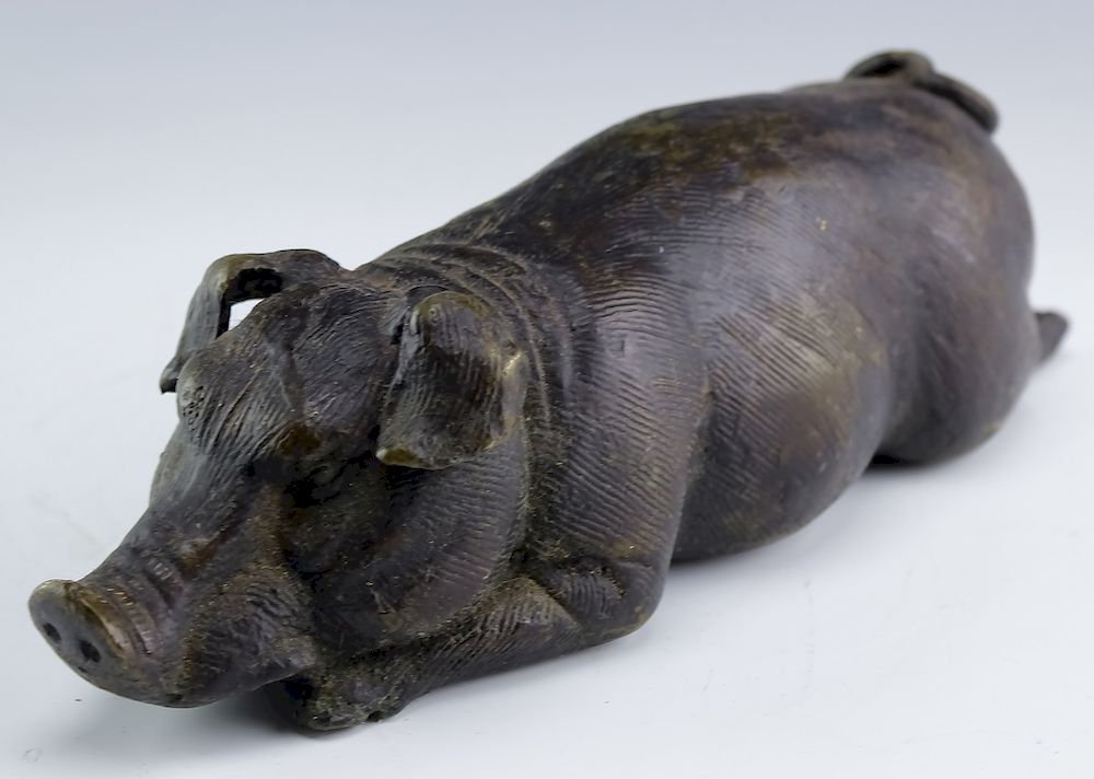 Appraisal: Mystery Artist Cast Bronze Reclining Pig Sculpture Crafted of cast