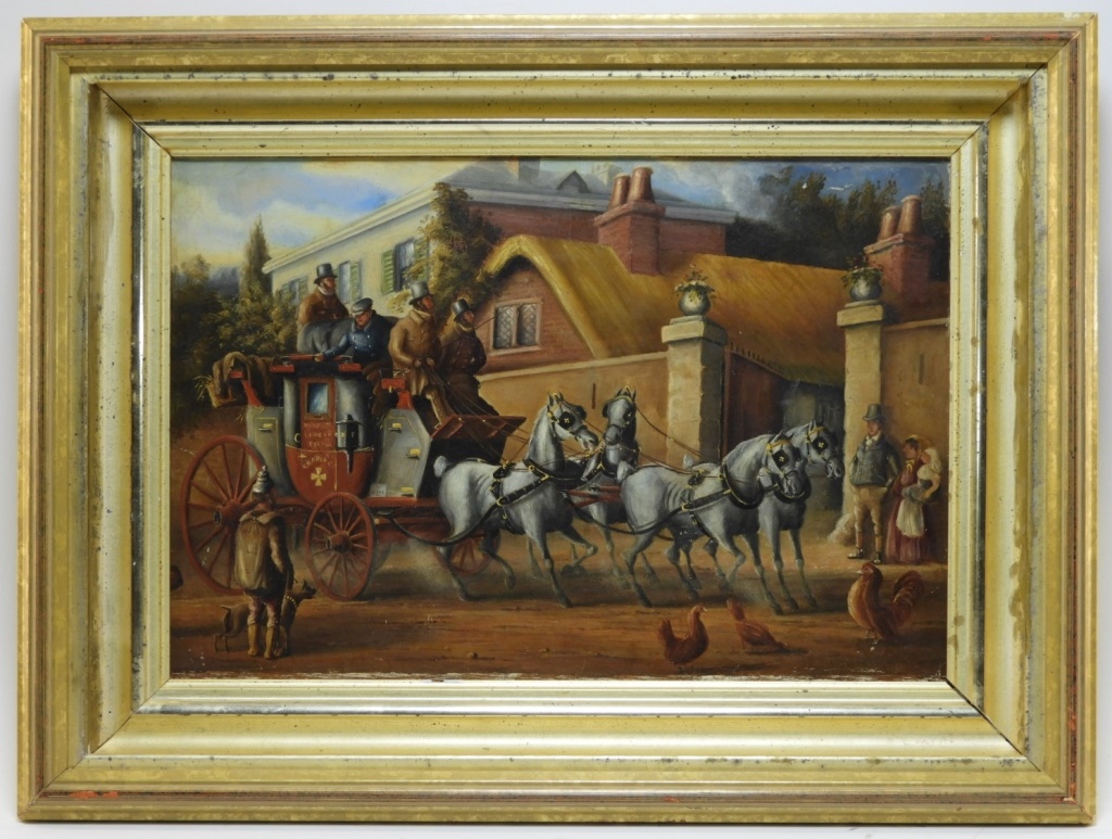 Appraisal: ENGLISH STAGECOACH STREET SCENE OIL PAINTING United Kingdom th CenturyDepicting