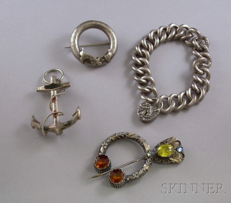 Appraisal: Four Jewelry Items a silver gem-set Scottish brooch a white