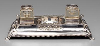 Appraisal: Silver plated standish stepped rectangular form griffin feet beaded border