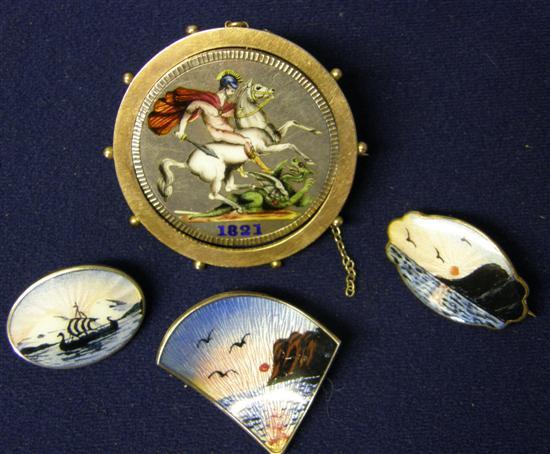 Appraisal: Three silver and enamel brooches and one coin brooch