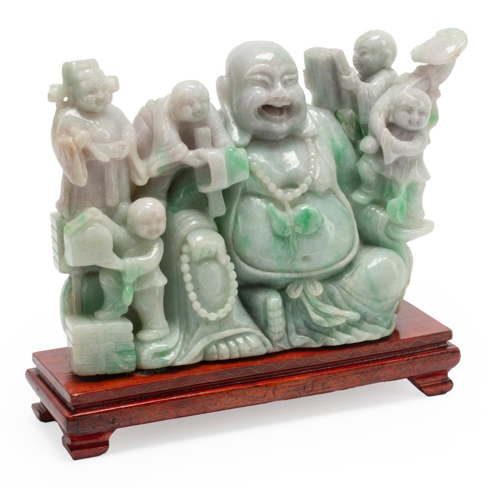 Appraisal: Chinese Jadeite Figural Group carved as the happy bare-bellied Budai