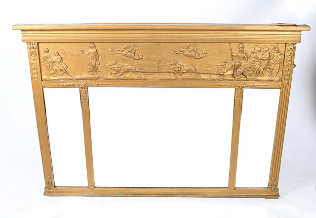 Appraisal: AN ANTIQUE GILT FRAMED OVERMANTLE MIRROR with classical scene depicting