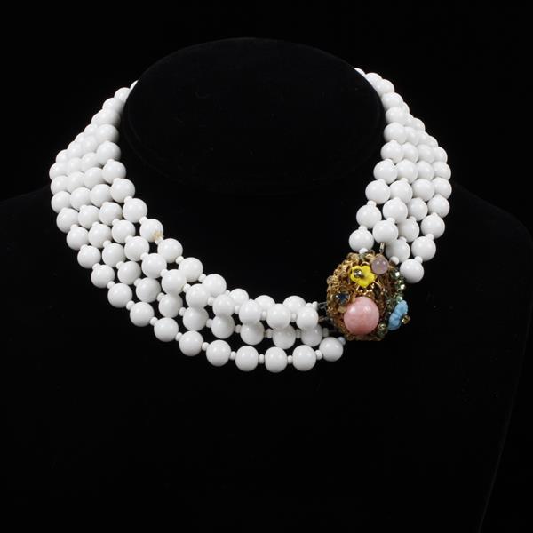 Appraisal: Miriam Haskell multi-strand white beaded necklace with decorated floral clasp