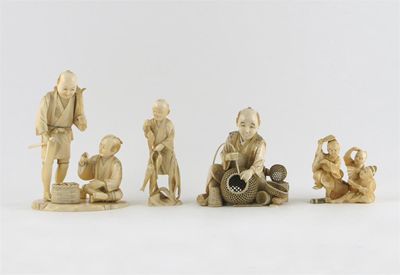 Appraisal: Four Japanese ivory carvings two of fishermen one of a