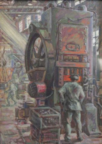 Appraisal: Signed Russian Oil on Paper of a TurbineFactory Artist's pencil