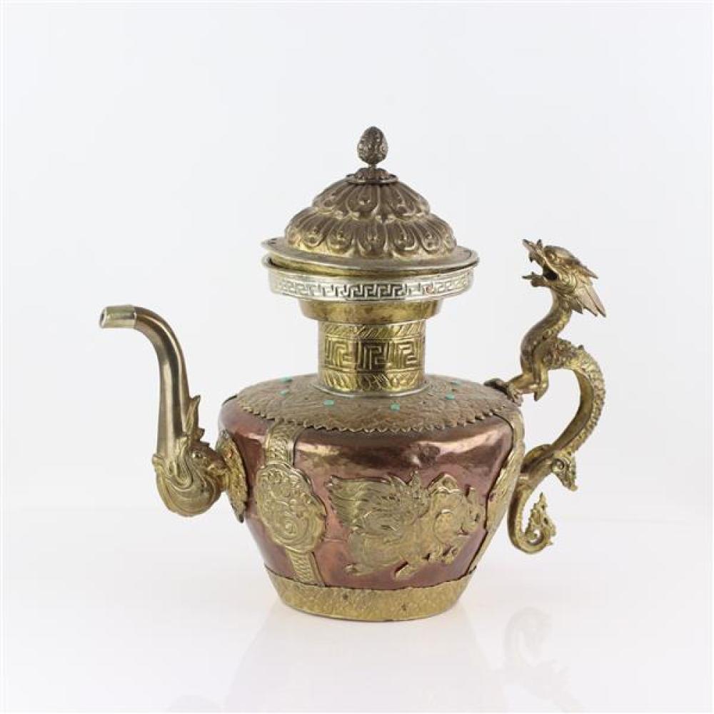 Appraisal: CHINESE TIBETAN COPPER AND BRASS MIXED METAL TEAPOT WITH COVER