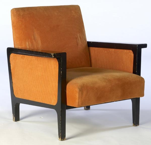 Appraisal: HARVEY PROBBER Armchair upholstered in orange ribbed velvet on ebonized