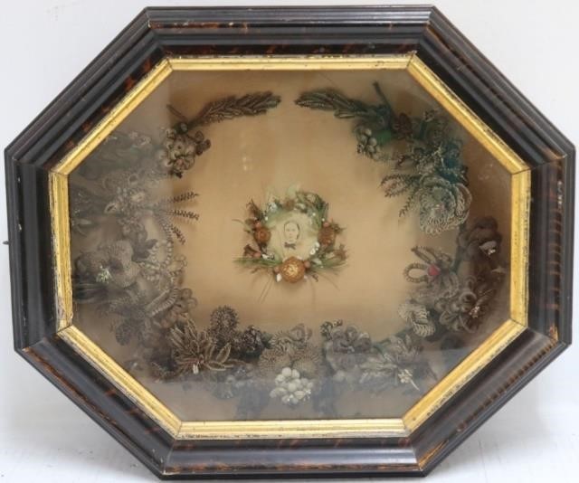 Appraisal: MID- TH CENTURY HAIR WREATH IN OCTAGONALSHADOWBOX FRAME DIFFERENT HAIR