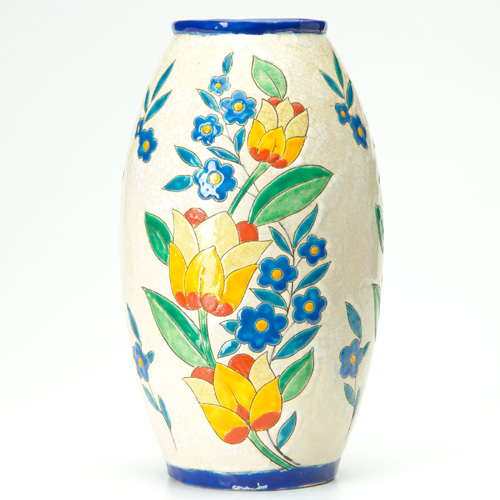 Appraisal: LONGWY Large oval vase enamel-decorated with sprigs of bright flowers