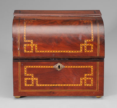 Appraisal: Inlaid spirits box case with string inlay velvet-lined interior with